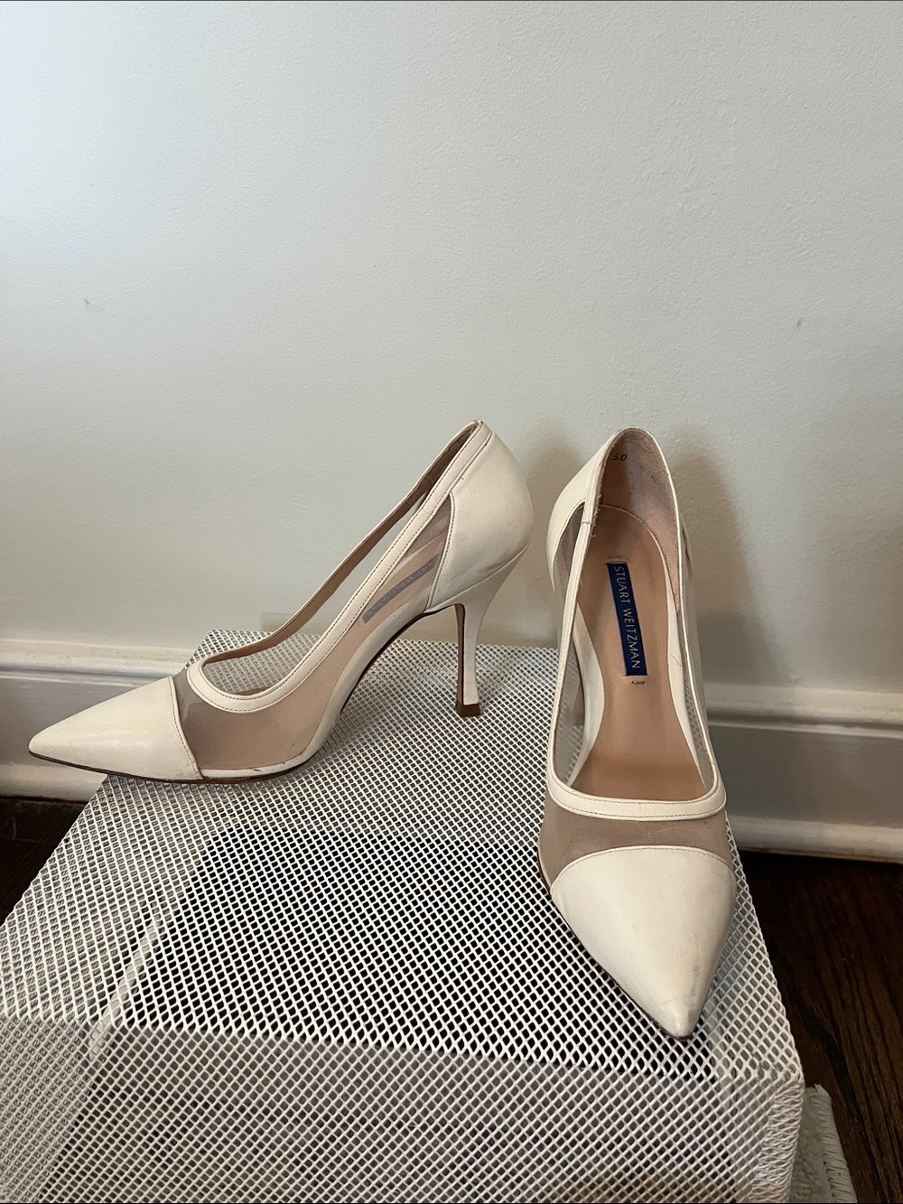 Stuart Weitzman Women’s Pointed-Toe Cream Mesh and Leather Stiletto Pumps